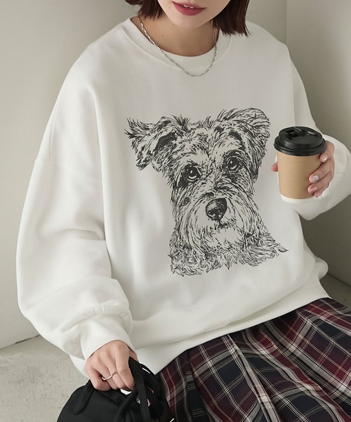 BONLECILL(ボンルシール)の「DOG線画プリントオーバースウェットプルオーバー(スウェット・レディース・オフホワイト/オートミール/ブルー/グレー系その他/ホワイト系1・FREE)」の12枚目の写真