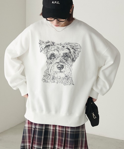 BONLECILL(ボンルシール)の「DOG線画プリントオーバースウェットプルオーバー(スウェット・レディース・オフホワイト/オートミール/ブルー/グレー系その他/ホワイト系1・FREE)」の13枚目の写真