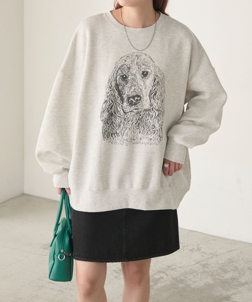 DOG線画プリントオーバースウェットプルオーバー（スウェット