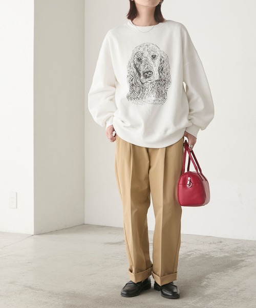 セール】DOG線画プリントオーバースウェットプルオーバー（スウェット