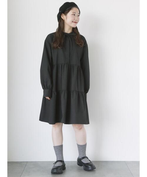 ehka sopo（エヘカソポ）の「リボンタイ付ティアードミニワンピース（ワンピース・レディース・モカ/ブラック/オフホワイト・F）」の6枚目の写真