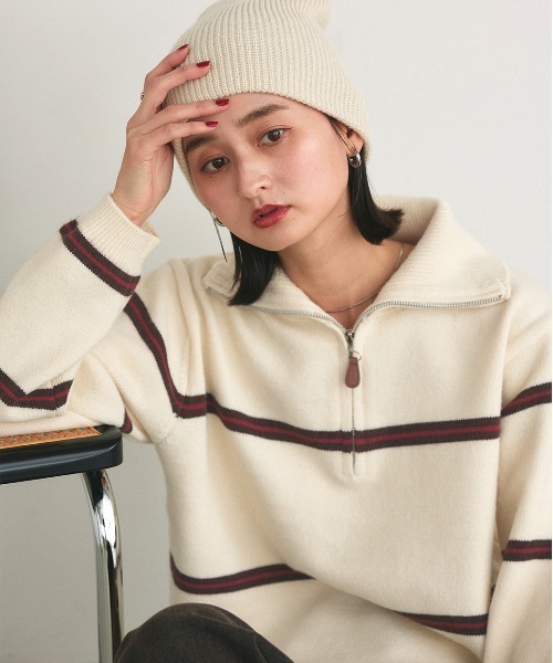 ad thie(アドティエ)の「ハーフジップ ラガーニットトップス(ニット/セーター・レディース・オフホワイト/ダークブラウン・FREE)」の4枚目の写真