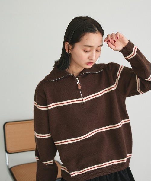 ad thie(アドティエ)の「ハーフジップ ラガーニットトップス(ニット/セーター・レディース・オフホワイト/ダークブラウン・FREE)」の22枚目の写真