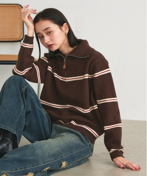 ad thie(アドティエ)の「ハーフジップ ラガーニットトップス(ニット/セーター・レディース・オフホワイト/ダークブラウン・FREE)」の16枚目の写真