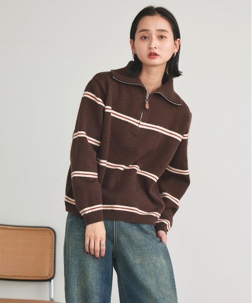 ad thie(アドティエ)の「ハーフジップ ラガーニットトップス(ニット/セーター・レディース・オフホワイト/ダークブラウン・FREE)」の14枚目の写真