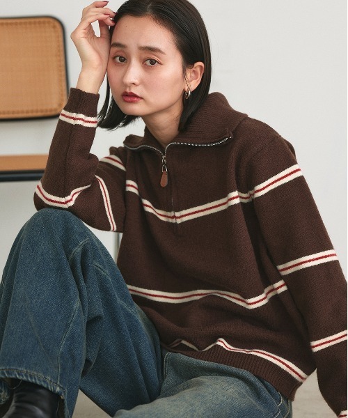 ad thie(アドティエ)の「ハーフジップ ラガーニットトップス(ニット/セーター・レディース・オフホワイト/ダークブラウン・FREE)」の13枚目の写真