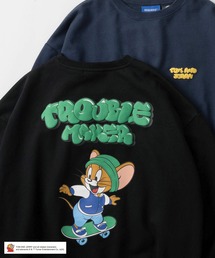 【0】【TOM&JERRY/トムとジェリー】ワンポイント&バックBIGキャラクタープリント バブルロゴデザイン ビッグシルエット クルーネックスウェット/ 裏起毛