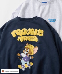 【0】【TOM&JERRY/トムとジェリー】ワンポイント&バックBIGキャラクタープリント バブルロゴデザイン ビッグシルエット クルーネックスウェット/ 裏起毛