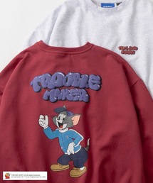 【0】【TOM&JERRY/トムとジェリー】ワンポイント&バックBIGキャラクタープリント バブルロゴデザイン ビッグシルエット クルーネックスウェット/ 裏起毛