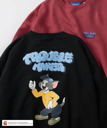 【0】【TOM&JERRY/トムとジェリー】ワンポイント&バックBIGキャラクタープリント バブルロゴデザイン ビッグシルエット クルーネックスウェット/ 裏起毛