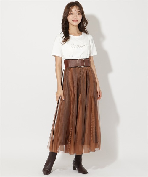 AND COUTURE(アンドクチュール)の「ウエストリブサイドラインストライプ×チュールロングスカート(スカート・レディース・オフホワイト/ライトグレー/ブラック/ネイビー/ブラウン・FREE)」の4枚目の写真