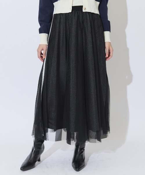 AND COUTURE(アンドクチュール)の「ウエストリブサイドラインストライプ×チュールロングスカート(スカート・レディース・オフホワイト/ライトグレー/ブラック/ネイビー/ブラウン・FREE)」の14枚目の写真