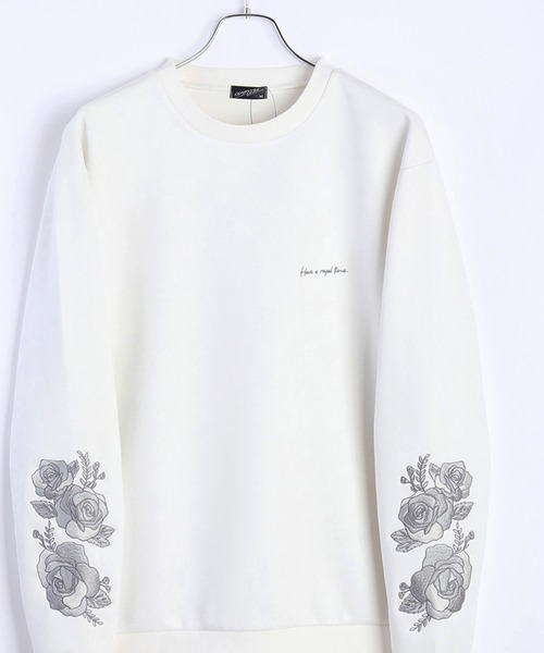 WESTSEA（ウエストシー）の「フェイクスエード 薔薇 袖刺繍 長袖トレーナー（スウェット・メンズ・オフホワイト/チャコール/グレー・M/L）」の2枚目の写真