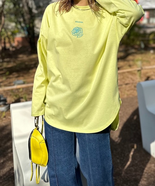 mi via loca（ミヴィアロカ）の「ワンポイント ロゴフラワー刺繍 ラウンド レイヤードロンT（Tシャツ/カットソー・レディース・ライム/オートミール/オフホワイト・FREE）」の21枚目の写真