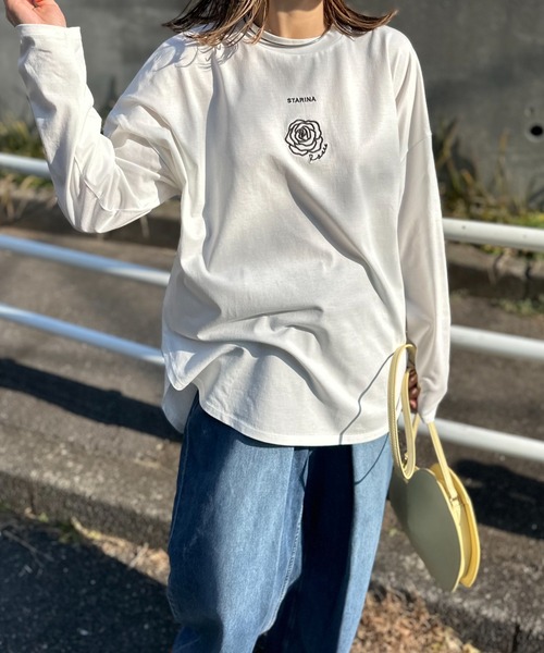 mi via loca（ミヴィアロカ）の「ワンポイント ロゴフラワー刺繍 ラウンド レイヤードロンT（Tシャツ/カットソー・レディース・ライム/オートミール/オフホワイト・FREE）」の8枚目の写真