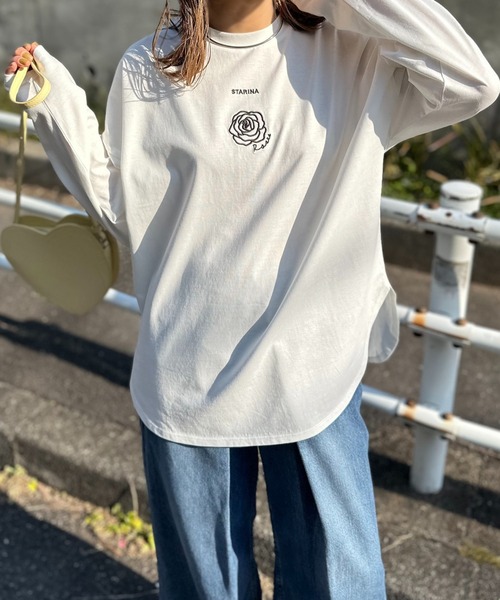 mi via loca（ミヴィアロカ）の「ワンポイント ロゴフラワー刺繍 ラウンド レイヤードロンT（Tシャツ/カットソー・レディース・ライム/オートミール/オフホワイト・FREE）」の7枚目の写真