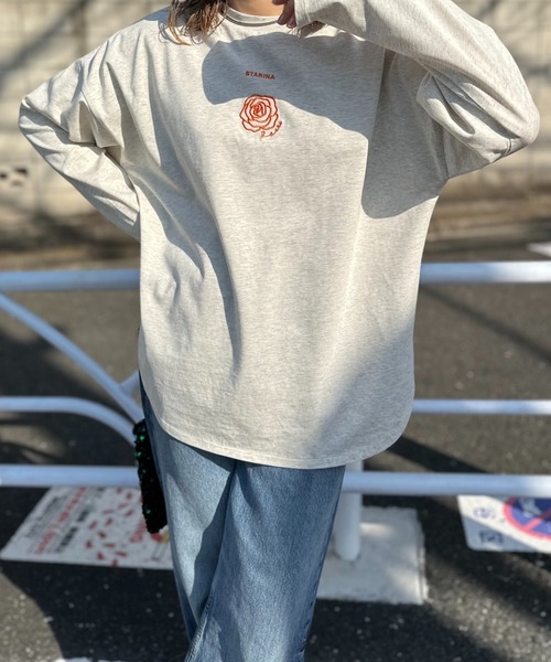 mi via loca（ミヴィアロカ）の「ワンポイント ロゴフラワー刺繍 ラウンド レイヤードロンT（Tシャツ/カットソー・レディース・ライム/オートミール/オフホワイト・FREE）」の15枚目の写真