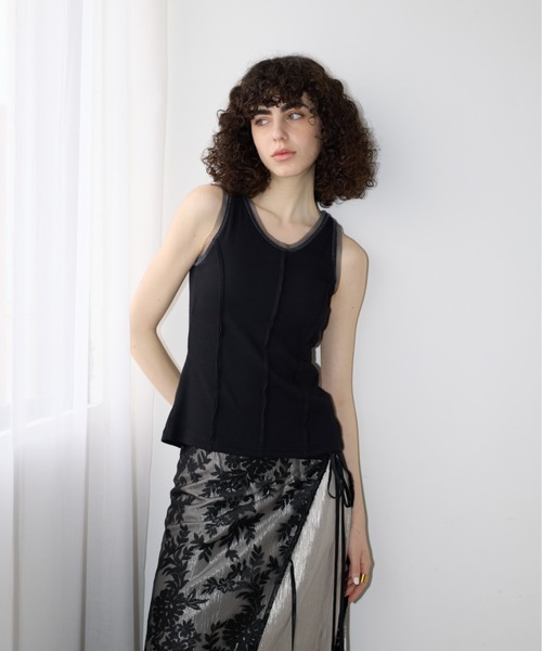 AIC.（エーアイシー）の「パッド付きチュールパイピングリブタンクトップ（タンクトップ・レディース・オフホワイト/ブラック・FREE）」の6枚目の写真