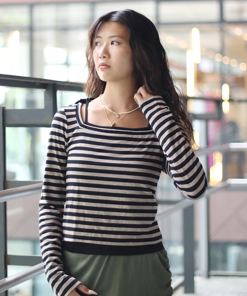 JOINT WORKS（ジョイントワークス）の「ボーダーレイヤードトップス（Tシャツ/カットソー・レディース・ブラウン/キャメル・FREE）」の2枚目の写真