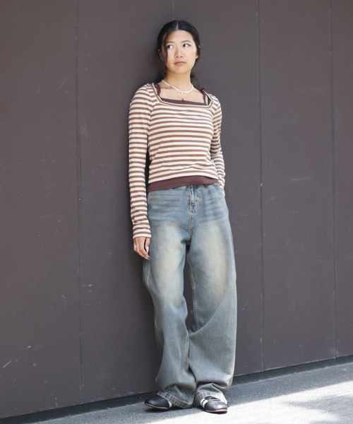 JOINT WORKS（ジョイントワークス）の「ボーダーレイヤードトップス（Tシャツ/カットソー・レディース・ブラウン/キャメル・FREE）」の15枚目の写真