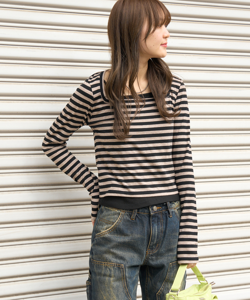 JOINT WORKS（ジョイントワークス）の「ボーダーレイヤードトップス（Tシャツ/カットソー・レディース・ブラウン/キャメル・FREE）」の22枚目の写真