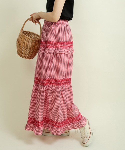 Dot&Stripes CHILD WOMAN(ドットアンドストライプス チャイルドウーマン)の「60sギンガム スモッキングスカート(スカート・レディース・ブラック/レッド・FREE)」の18枚目の写真