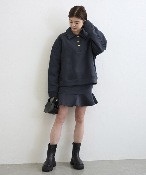 トップス GANNI Heavy Fleece Drop Shoulder Polo GANNI Women's Heavy Fleece Drop Shoulder Polo in Sky Captain GANNI