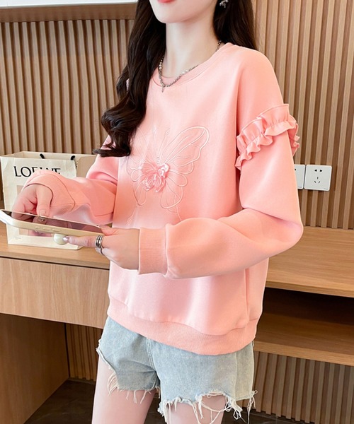 2ly2(トゥーリートゥー)の「ふんわりガーリー♪バタフライ刺繍×フリルスリーブトレーナー(その他トップス・レディース・ベージュ/ピンク・FREE)」の16枚目の写真