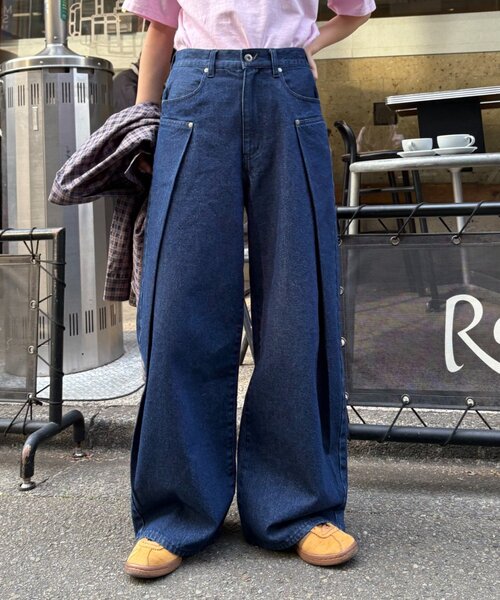 セール】【UNISEX】タックデザインワイドデニム（デニムパンツ