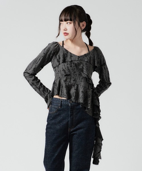 Chick(チック)の「Irregular Hem Frill tape Tops / イレギュラーヘムフリルテレコトップス(シャツ/ブラウス・レディース・ブラック/ベージュ/ブラウン/グレー・FREE)」の19枚目の写真