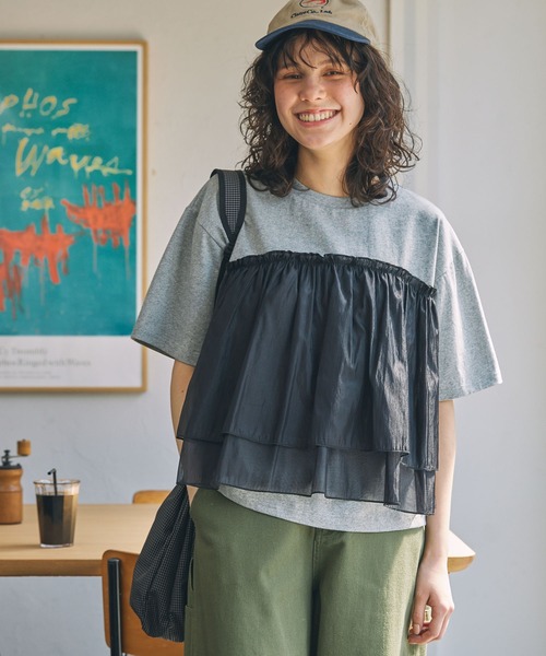 tシャツ チェックチュールドッキングノースリT レディース nenom/ネノム] マルチWAY ビスチェ風チュールフリルドッキング