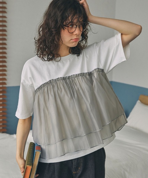 ビスチェ風 チュールドッキング 半袖Tシャツ MONO-MART LADY'S│MONO