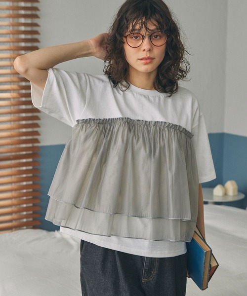 Bibiy.チュール切り替え 半袖Tシャツ グレー ブラックサンプル品 ビスチェ風 チュールドッキング 半袖Tシャツ MONO-MART LADY'S│MONO