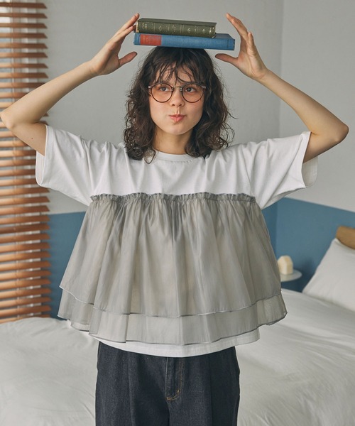 ファビアナフィリッピ シルク コットン チュール カットソー モニーレ 半袖 ビスチェ風 チュールドッキング 半袖Tシャツ MONO-MART LADY'S│MONO