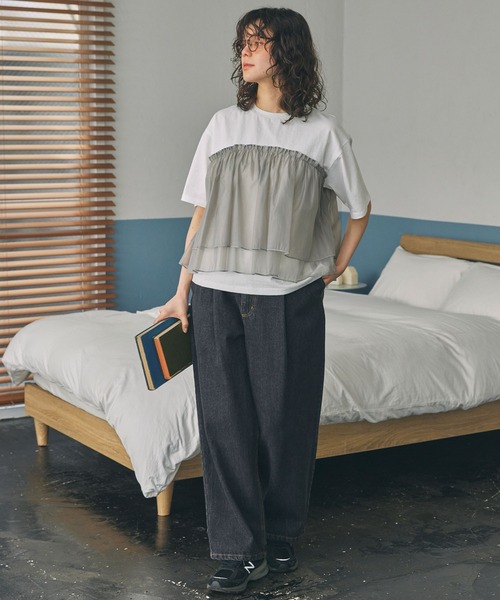 MONO-MART LADY'S(モノマートレディース)の「ビスチェ風 チュールドッキング 半袖Tシャツ(Tシャツ/カットソー・レディース・ホワイト系/グレー系・FREE)」の12枚目の写真
