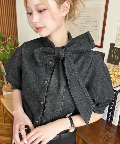 定価3.5万 BRILL 25SS 今期新作 デニムボウタイブラウス ブラック 定価3.5万 新品 25SS✨】BRILL デニムボウタイブラウス 今期新作