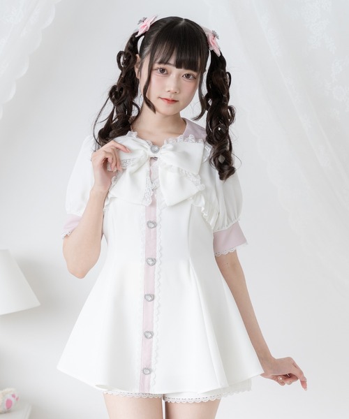 DearMyLove(ディアマイラブ)の「ボレロレイヤード風フリルセットアップ(セットアップ・レディース・ブラック/ブラック系その他/ホワイト×ピンク・MEDIUM/LARGE/3L)」の2枚目の写真