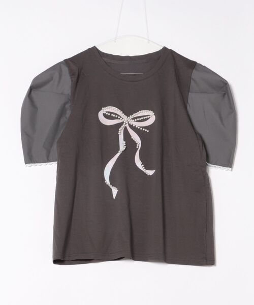 Uenui（ウニュイ）の「【 cunii 】 リボン パール ショート スリーブ Tシャツ（Tシャツ/カットソー・レディース・グレー/ホワイト・FREE）」の2枚目の写真