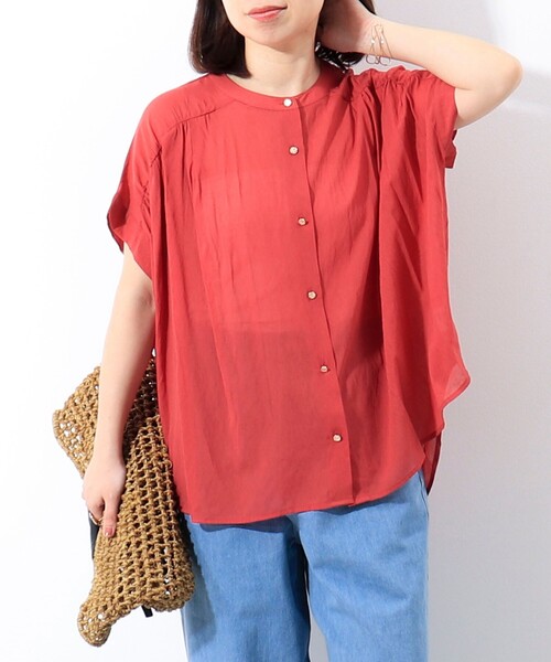 MICO COULIER（ミコクリエ）の「麻調シアーギャザーブラウス（シャツ/ブラウス・レディース・ブラック/キナリ/レッド/ブルー/モカ・38）」の5枚目の写真