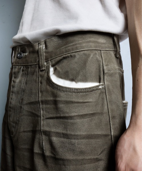 wide baggy spray processing denim trousers / ワイドバギー