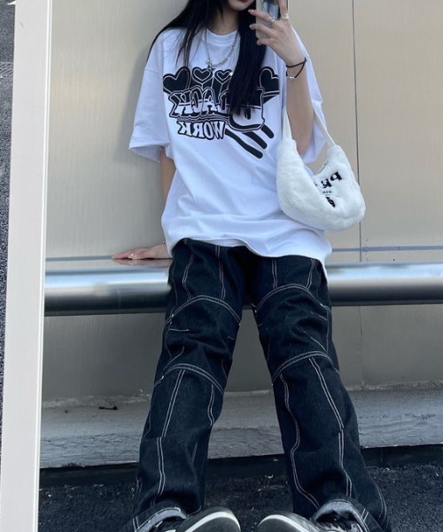 SHEENA(シーナ)の「BLACK WORKロゴプリントオーバーサイズTシャツ(Tシャツ/カットソー・レディース・ブルー/ブラック/ホワイト・M)」の9枚目の写真