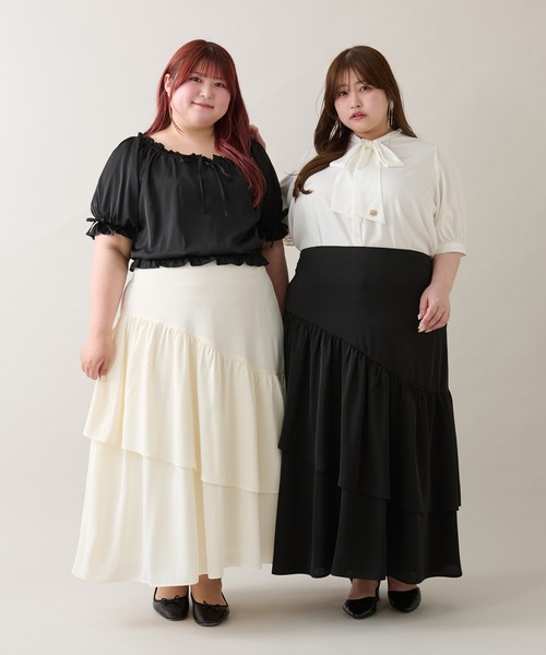 Louiosy(ルオシー)の「【大きいサイズ】アシメティアードスカート(スカート・レディース・オフホワイト/ブラック・3L/4L/X-LARGE)」の3枚目の写真