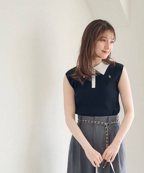 12Twelve Agenda（トゥエルブ　アジェンダ）の「配色衿付ノースリリブニットプルオーバー（ニット/セーター・レディース・ブラック/グレイッシュベージュ・M）」の5枚目の写真