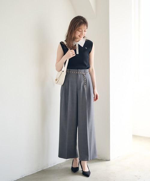 12Twelve Agenda（トゥエルブ　アジェンダ）の「配色衿付ノースリリブニットプルオーバー（ニット/セーター・レディース・ブラック/グレイッシュベージュ・M）」の6枚目の写真