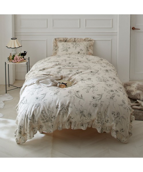 花柄フリル付きシングルカバーセット 花柄フリル布団カバーセット（シングル）【フルーエ/大人可愛い