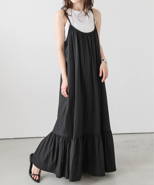 新品タグ付試着のみ♡かぐれ ピンタックキャミワンピース BLACK プチレタス ] ふくれジャガードバックリボンキャミワンピース [E3272