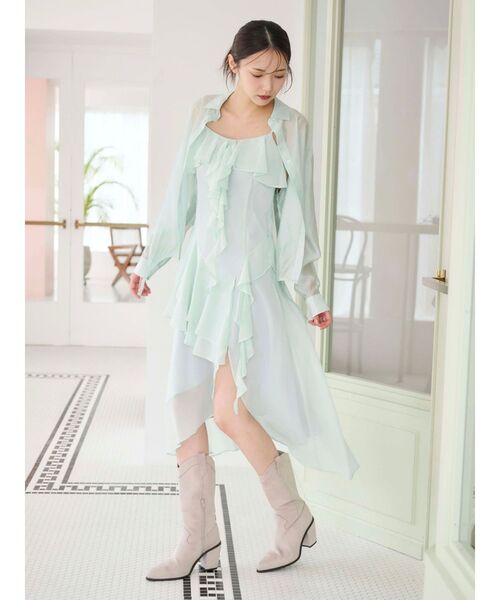 MERCURYDUO（マーキュリーデュオ）の「ラッフルティアードキャミワンピース（ワンピース・レディース・ブラウン/ミント・SMALL/MEDIUM）」の4枚目の写真