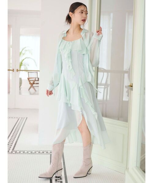 MERCURYDUO（マーキュリーデュオ）の「ラッフルティアードキャミワンピース（ワンピース・レディース・ブラウン/ミント・SMALL/MEDIUM）」の5枚目の写真