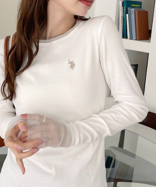 U.S. POLO ASSN.(ユーエスポロアッスン)の「【U.S. POLO ASSN】袖口 バイカラー ラメ シアー Tシャツ(Tシャツ/カットソー・レディース・チャコール/ブルー/ブラウン/ホワイト・L/M)」の1枚目の写真