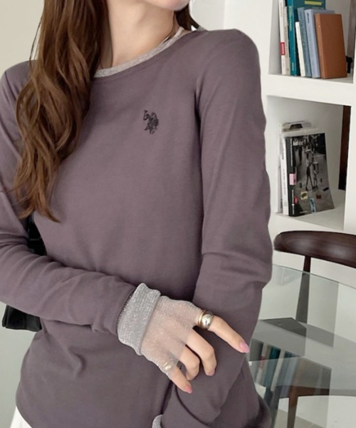 U.S. POLO ASSN.(ユーエスポロアッスン)の「【U.S. POLO ASSN】袖口 バイカラー ラメ シアー Tシャツ(Tシャツ/カットソー・レディース・チャコール/ブルー/ブラウン/ホワイト・L/M)」の2枚目の写真